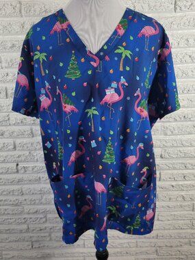 Ava Therese Zarate 2XL Scrub Top Christmas Blue Flamingo Unisex V-Neck NOV88E